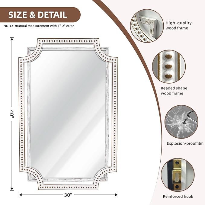 HOITUZYUS 30x40 Inch Rustic Farmhouse Decorative Mirrors for Living Room, Boho Wood Wall Mirror for Bathroom, Entryway & Fireplace Mantel - Horizontal or Vertical Hanging