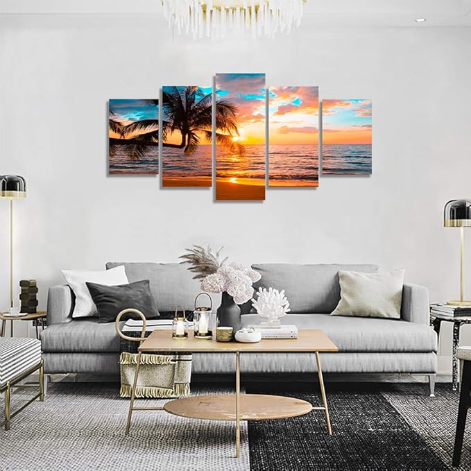Abstract Framed Canvas Wall Art Art - Ocean Beach Sea Photo Strenth Framed Wall Art,Abstract Landscape Blue Sky Beach pictures Wall Art Canvas Print for Room Home Decorations (C-5pcs,60"x30")