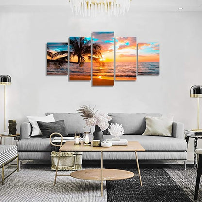 Abstract Framed Canvas Wall Art Art - Ocean Beach Sea Photo Strenth Framed Wall Art,Abstract Landscape Blue Sky Beach pictures Wall Art Canvas Print for Room Home Decorations (C-5pcs,60"x30")