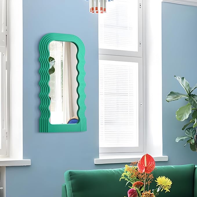 Irregular Wall Mirror Living Room Decor, 14x28 Arched Decorative Mirrors with Flocking Touch, Large Modern Wavy Mirror for Hallway Entryway Staircase, Over the Bed Wall Art Decoration (Green)