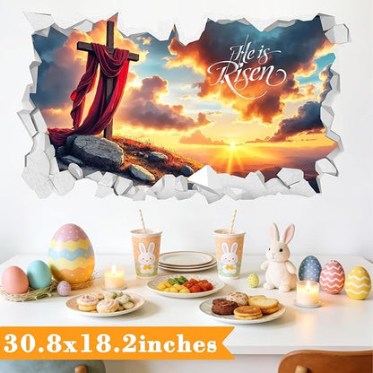 Easter Wall Decoration Stickers He is Risen Wall Art Vinyl Decals Peel and Stick 3D Broken Cross Landscape Stickers Religious Christian Art Murals for Spring Holiday Living Room Kitchen Supplies