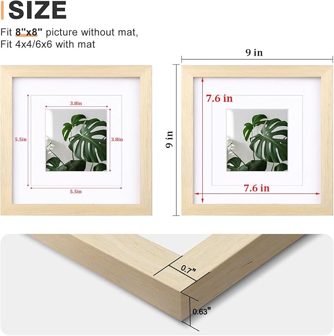 Egofine 8x8 Picture Frames Made of Solid Wood with Plexiglass, Display Pictures 4x4/6x6 with Mat or 8x8 Without Mat Set of 4 for Tabletop and Wall Mounting, Oak Wood