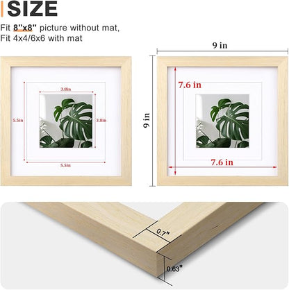 Egofine 8x8 Picture Frames Made of Solid Wood with Plexiglass, Display Pictures 4x4/6x6 with Mat or 8x8 Without Mat Set of 4 for Tabletop and Wall Mounting, Oak Wood