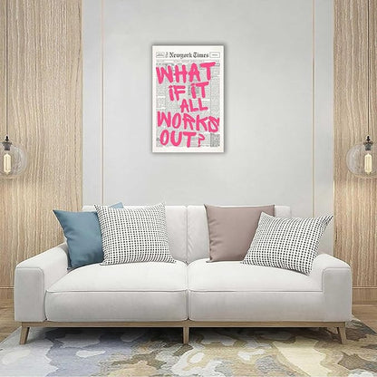 Drimiler Retro Newspaper Pink Font Poster What If It All Works Out Canvas Wall Art Positive Affirming Quote Minimalist Prints Painting For Home Bedroom Dorm Wall Decor 24x36in Wframed