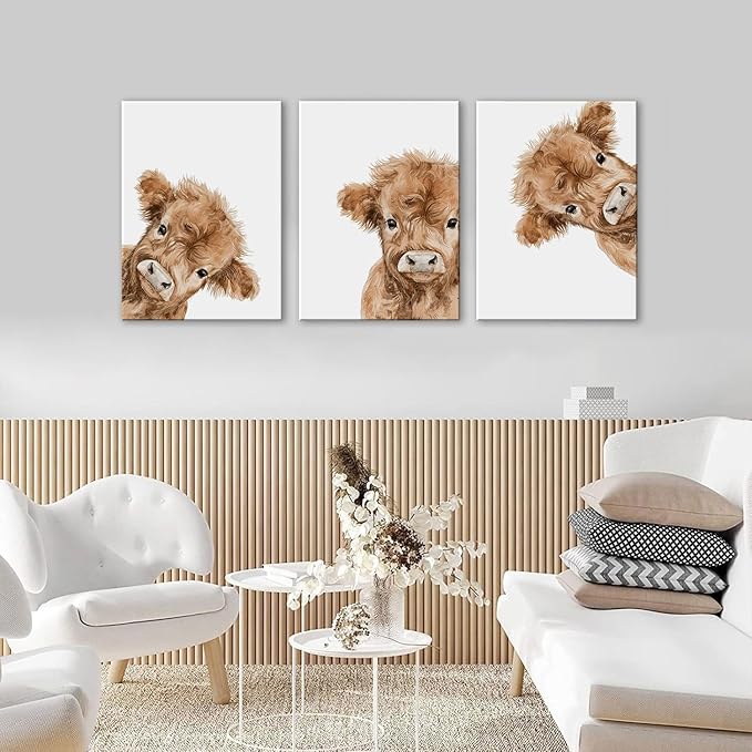AOYUSMO 3 Piece Cute Highland Cow Canvas Wall Art Nursery Funny Animal Framed Wall Art Baby Cow Pictures Wall Decor Kids Animals Art Prints for Children's Room Bedroom 16"x24"