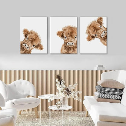 AOYUSMO 3 Piece Cute Highland Cow Canvas Wall Art Nursery Funny Animal Framed Wall Art Baby Cow Pictures Wall Decor Kids Animals Art Prints for Children's Room Bedroom 16"x24"
