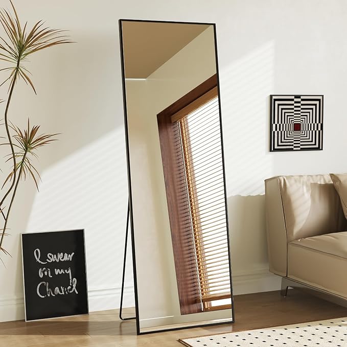 Sweetcrispy 58"x19" Full Length Mirror, Full Body Mirror with Aluminum Alloy Thin Frame, Leaning or Standing, Suitable for Bedroom, Livingroom, Cloakroom, Black