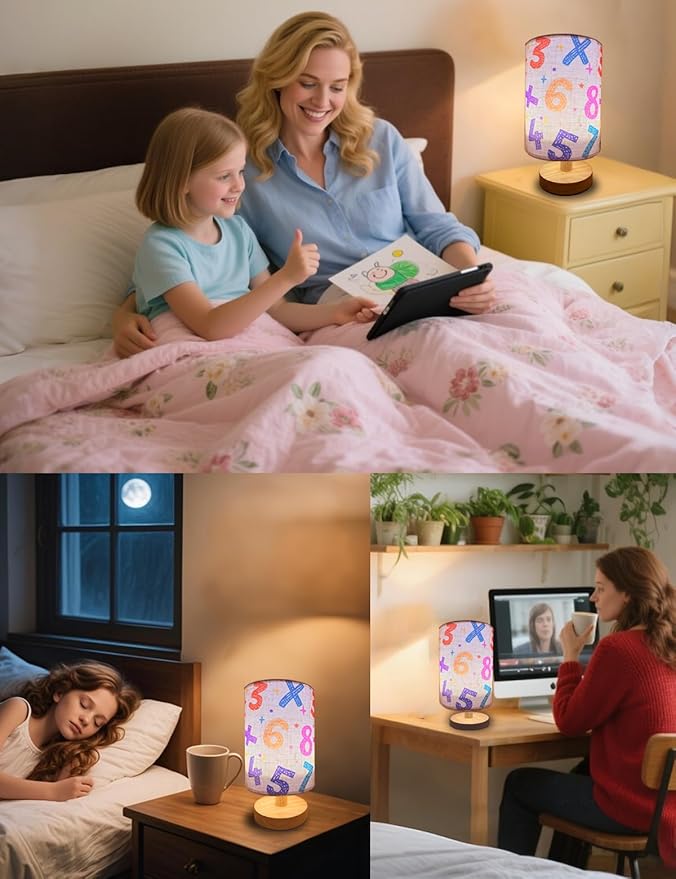 Kids Table Lamp, Small Bedside Lamp, 3 Color Changing LED Night Light with 9 Brightness Levels Wood Nightstand Desk Base Flaxen Fabric Shade for Bedroom Living Room (Colored Numbers)