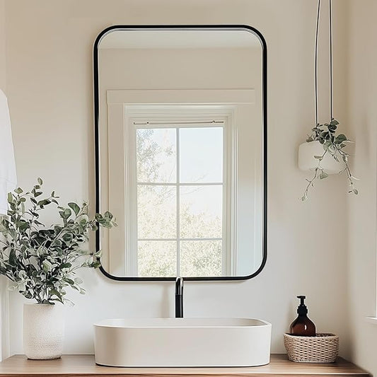 Antok 22x30 Black Metal Framed Bathroom Mirror, Wall Mirror with Round Corners, Vanity Mirror for Over Sink, Anti-Rust Tempered Glass, Horizontal/Vertical Hanging for Bathroom, Living Room, Entryway