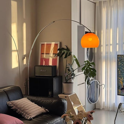 Orange Arc Floor Lamp with Acrylic Shade,Arch Reading Lamp Floor Standing,Mid Century Modern Orange Standing Lamp for Living Room Bedroom