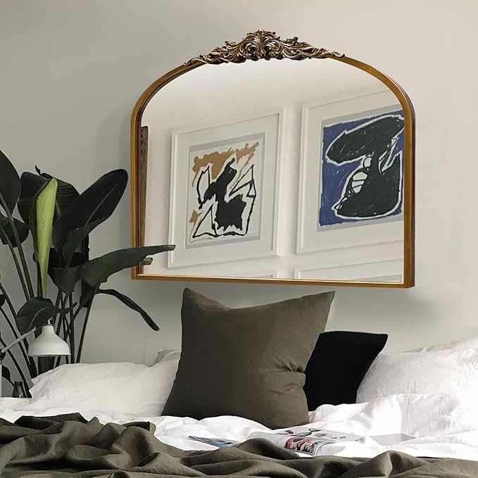 36''x29'' Antique Gold Arched Wall Mirror with Metal Flower Carving Frame, Small Vintage Retro Baroque Mirror Ornate, Vanity Mirror for Bathroom, Fireplace,Entryway, Living Room (Vintage Gold,)