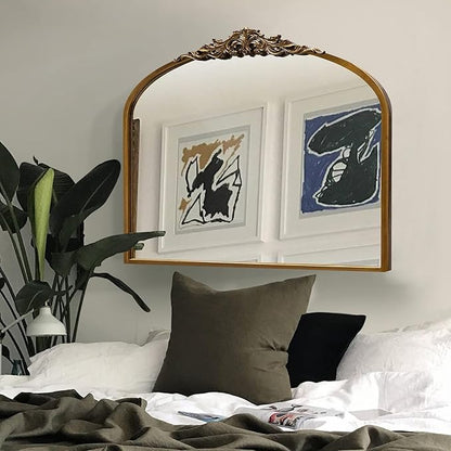 36''x29'' Antique Gold Arched Wall Mirror with Metal Flower Carving Frame, Small Vintage Retro Baroque Mirror Ornate, Vanity Mirror for Bathroom, Fireplace,Entryway, Living Room (Vintage Gold,)