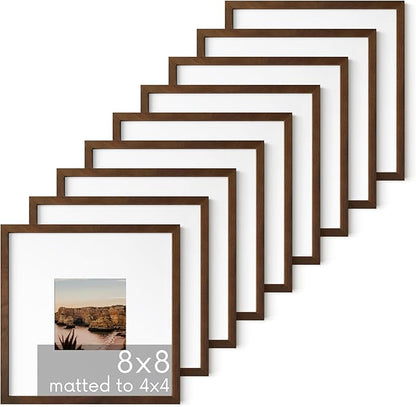 HAUS AND HUES Walnut Oak Wood 8x8 Picture Frames - Set of 9, Square Frames with Mat, Modern Frames for Photos and Artwork (8x8 in, Walnut, Set of 9)