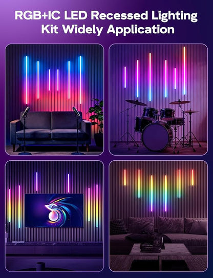DIY RGB+IC LED Recessed Lighting Kit for Wall Panels, 6pcs Adhesive Wall Strip Lights for Wall Accent Acoustic Panels, WiFi Smart Color Chasing Wood Slat LED Lights with Alexa & WiFi APP Control
