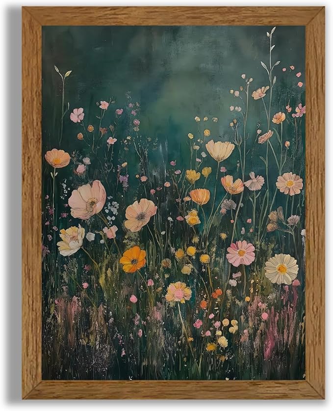 JLTULT Framed Vintage Pink Tone Floral Canvas Wall Art, Farmhouse Flower Landscape Pictures Wall Decor, Botanical Wildflower Field Art Print for Bedroom Living Room Bathroom Home Decoration 8x10 inch