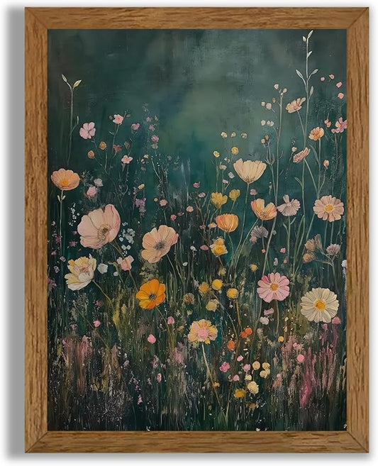 JLTULT Framed Vintage Pink Tone Floral Canvas Wall Art, Farmhouse Flower Landscape Pictures Wall Decor, Botanical Wildflower Field Art Print for Bedroom Living Room Bathroom Home Decoration 8x10 inch