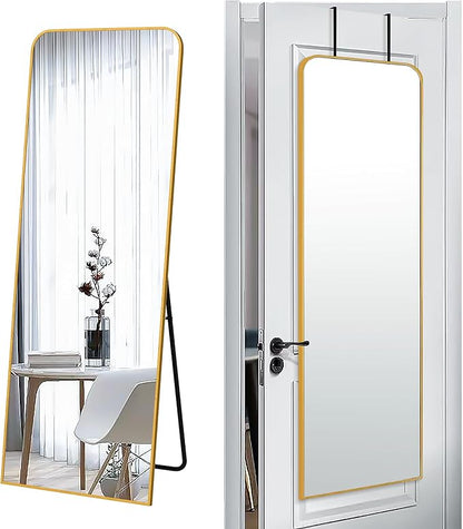 SCWF-GZ 57x20 Door Hanging Full Length Mirror, Floor (Height 5.7ft just Body in 1.3ft) or Wall Mounted Metal Frame Rectangle Dressing Mirrors for Bedroom Bathroom Living Room 57 inch Gold
