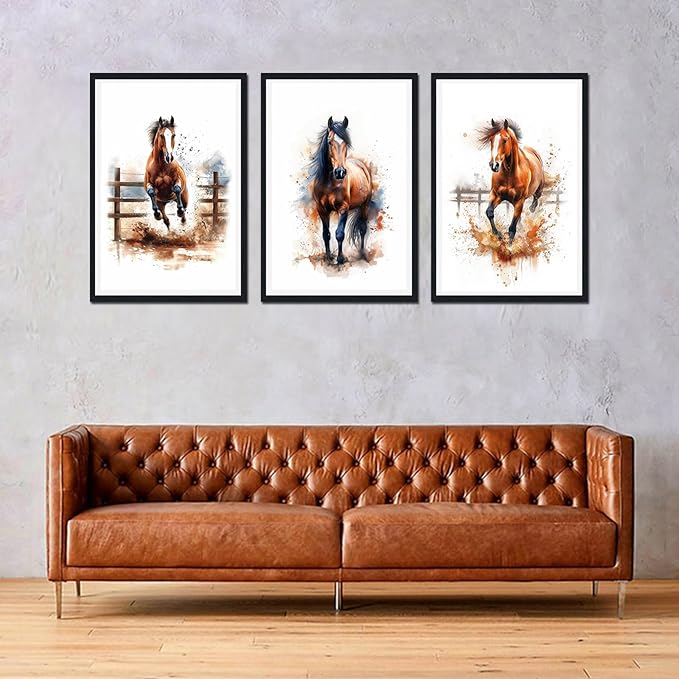 Funny Horses Framed Canvas Wall Art Set of 3 Horse Running Portrait Wall Decor for Country Apartment Living Room Bedroom Modern Rustic Animals Artwork Decoration Easy to Hand 24x36inchx3pcs