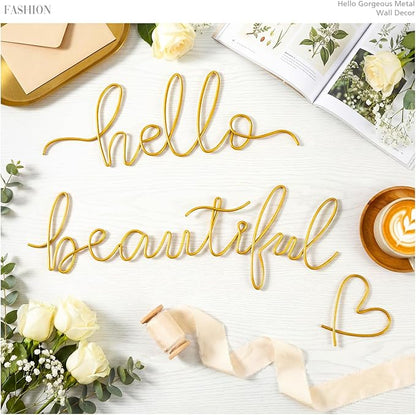Hicarer Metal Hello Gorgeous Wall Art Minimalist Decor for Bedroom Bathroom Living Room Dressing Room Salon Office Home Decorations Easy to Install Wall Decor(Gold,Lovely Style)