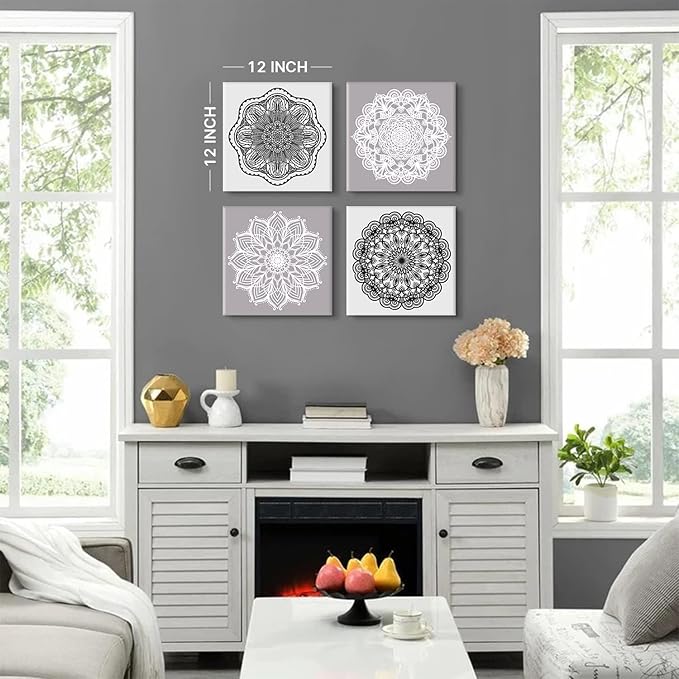 Mandala Wall Art Living Room Boho Wall Decor for Bedroom Mid Century Modern Picture Prints Abstract Lotus Flowers Canvas Paintings Grey White Minimalist Artwork Bathroom Home Decoration 12x12" 4PCs