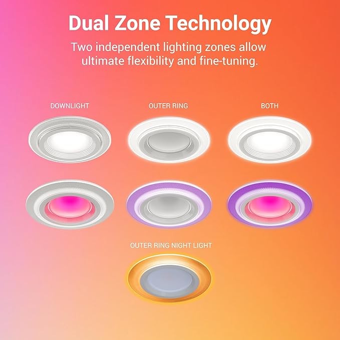 HALO 6 in Dual Zone Smart Wi-Fi Canless LED Ceiling Light Fixture 4-Pack Connected by WiZ Pro, Dimmable, Full Color, SpaceSense Motion Detection - RLWZDZC6-4PK
