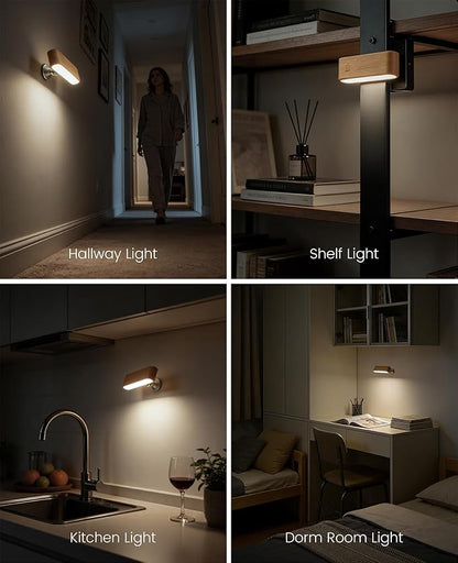 Wood LED Wall Sconce, Magnetic 360° Rotatable Wall Mounted Night Light & Reading Light, Small Rechargeable Battery Powered Bedside Wall Lamp for Bedroom, Living Room, Beech Wood