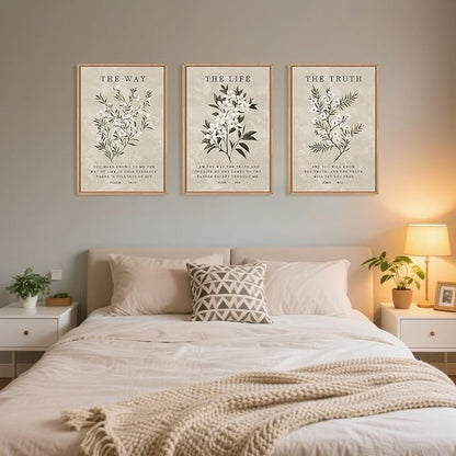 DRACIT Vintage The Way The Truth The Life Framed Canvas Wall Art Set,Boho Floral Christian Scripture Wall Decor,Religious Botanical Psalm Verse Artwork for Living Room,Bedroom,Prayer Room-24"x36"x3