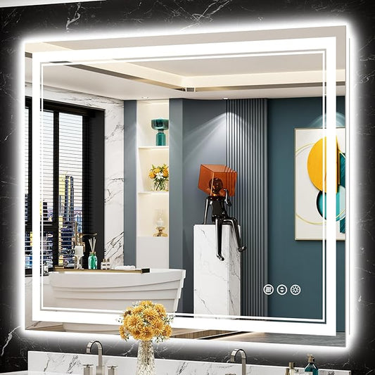 48x40 LED Bathroom Mirror with Lights, Backlit and Front Lit Anti-Fog Lighted Vanity Mirrors for Bathroom Wall, Dimmable, 3-Color Light, Memory, Shatter-Proof, HD Tempered Glass, CRI＞90