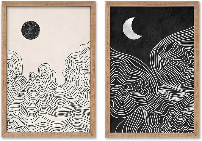 SRSZHIYUE Minimalist Black and White Sun Moon Abstract Sign Boho Wall Decor 24x16 Inch Small 2 Pieces Modern Artwork Painting Century for Bedroom Above Bed Living Room Wall Art HangIing(Wood)