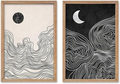 SRSZHIYUE Minimalist Black and White Sun Moon Abstract Sign Boho Wall Decor 24x16 Inch Small 2 Pieces Modern Artwork Painting Century for Bedroom Above Bed Living Room Wall Art HangIing(Wood)
