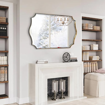 POZINO Scalloped Beveled Mirror, 24"x36" Brushed Gold Modern Bathroom Mirror, Brass Rectangle Wavy Vanity Mirrors for Living Room Bedroom Fireplace Entryway, Hangs Vertically or Horizontally