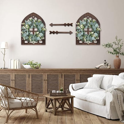 Rustic Wood Window Frame with Green Wreath and Arrows Wall Decor，Farmhouse Hanging Decor, Wooden Fake Decoration,Window Pane Wall Decor,Set of 2 (windows brown)