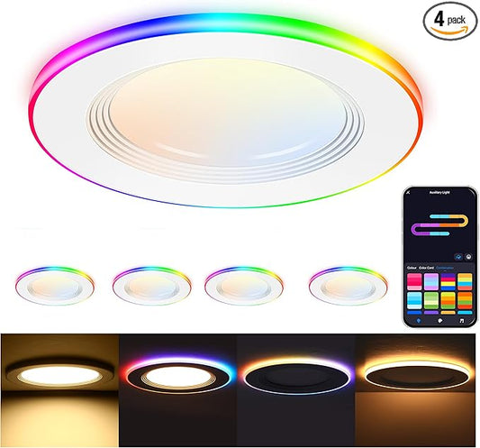 CLOUDY BAY [4 Pack] 4 Inch RGB Smart Recessed Lighting with Gradient Accent Light and Night Light,13W Recessed Lights Ultra-Thin Can-Killer Downlight, Compatible with Alexa and Google Home Assistant