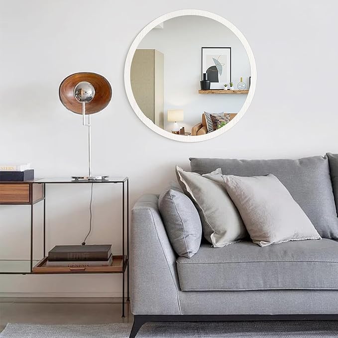 JJUUYOU Large Circle Wall Mirror 24 Inch Large Round Wall Mounted Antique Mirror for Bathroom Wood Frame Mirror for Living Room Bedroom Washroom Dorm