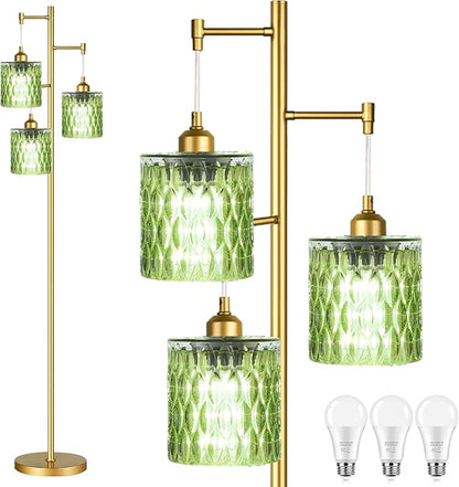 AHDWDW Gold Floor Lamp for Living Room Bedroom,3 Lights Vintage Tree Floor Lamps with Green Glass Shades,Mid Century Modern Floor Lamp for Corner Office,68IN Unique Tall Standing Lamp with Bulbs