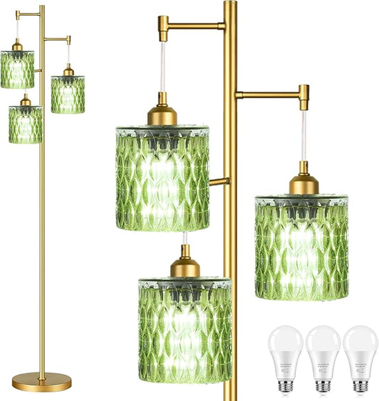 AHDWDW Gold Floor Lamp for Living Room Bedroom,3 Lights Vintage Tree Floor Lamps with Green Glass Shades,Mid Century Modern Floor Lamp for Corner Office,68IN Unique Tall Standing Lamp with Bulbs