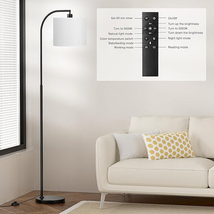 Ambimall Arc Floor Lamp with Remote and Stepless Dimmable Bulb, Colors Temperature & Brightness Adjustable, Floor Lamps for Living Room（White Shade & Black Pole）