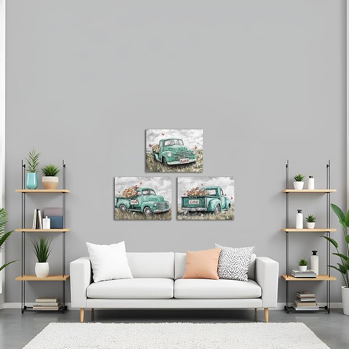 sechars Truck Wall Art Canvas Vintage Farmhouse Decor Faith Hope Love Floral Painting Prints (Green)