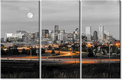 TUMOVO 3 Panel Denver Skyline Office Decor American Cityscape Pictures Black and White Wall Art Nighttime Skyscrapers Lightscape Artwork Posters and Prints Framed Ready to Hang (60" Wx40 H)