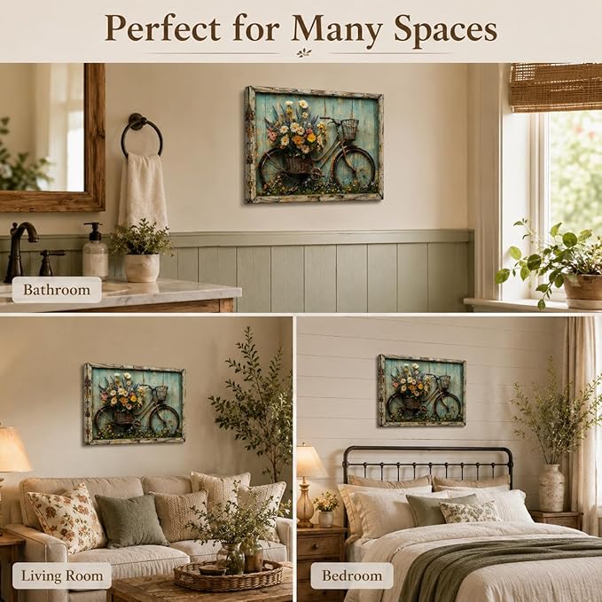 Rustic Farmhouse Daisy Floral Canvas Wall art Vintage Bicycle Flowers Painting Picture Wall Decor Flower Still Life Poster Print Artwork for Bathroom Living Room Bedroom Home Decoration