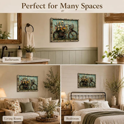 Rustic Farmhouse Daisy Floral Canvas Wall art Vintage Bicycle Flowers Painting Picture Wall Decor Flower Still Life Poster Print Artwork for Bathroom Living Room Bedroom Home Decoration