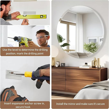 30 Inch Round Frameless Bathroom Mirror, Beveled Round Mirror, Circle Vanity Mirror with 1" Beveled Edge for Bathroom, Entryways, Living Room