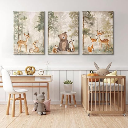 Woodland Nursery Wall Art Decor Animal Forest Canvas Prints Baby Boy Room Wall Decor Bear Nursery Nature Pictures Deer Prints Artwork for Boy Girl Kids Bedroom 16x24 Inch Wrapped Canvas Set of 3