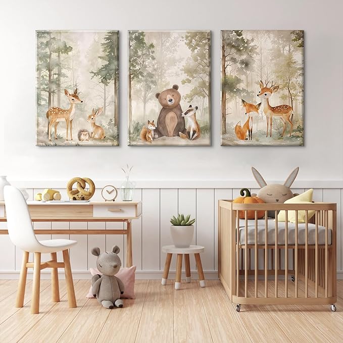 Woodland Nursery Wall Art Decor Animal Forest Canvas Prints Baby Boy Room Wall Decor Bear Nursery Nature Pictures Deer Prints Artwork for Boy Girl Kids Bedroom 12x16 Inch Wrapped Canvas Set of 3