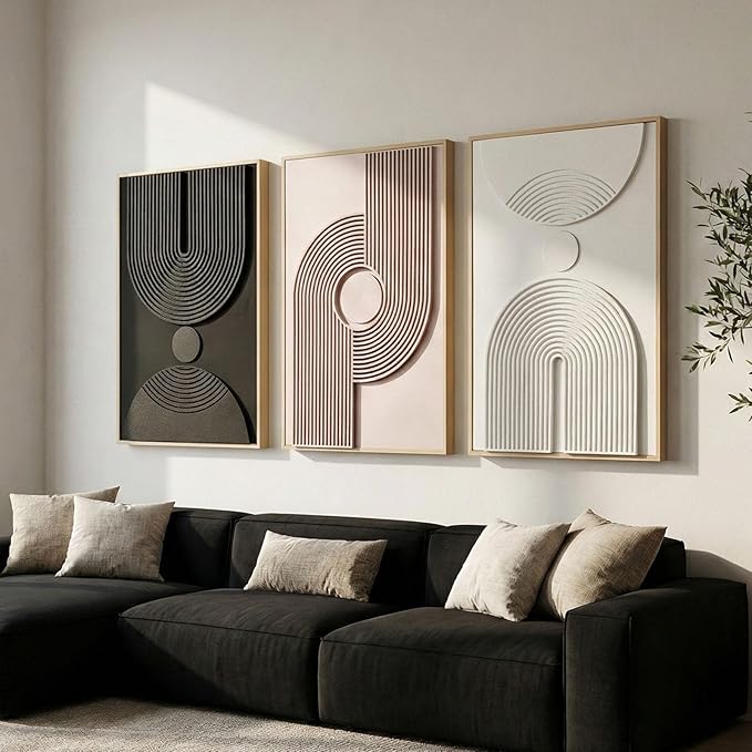 Framed 3D Textured Boho Neutral Abstract Wall Art for Bedroom, 3 Piece Mid Century Modern Artwork for Walls, Creamy White Brown Relief Sculptures for Diningroom Hallway Wall Decor 16x24 In