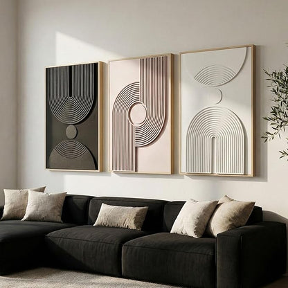 Framed 3D Textured Boho Neutral Abstract Wall Art for Bedroom, 3 Piece Mid Century Modern Artwork for Walls, Creamy White Brown Relief Sculptures for Diningroom Hallway Wall Decor 16x24 In