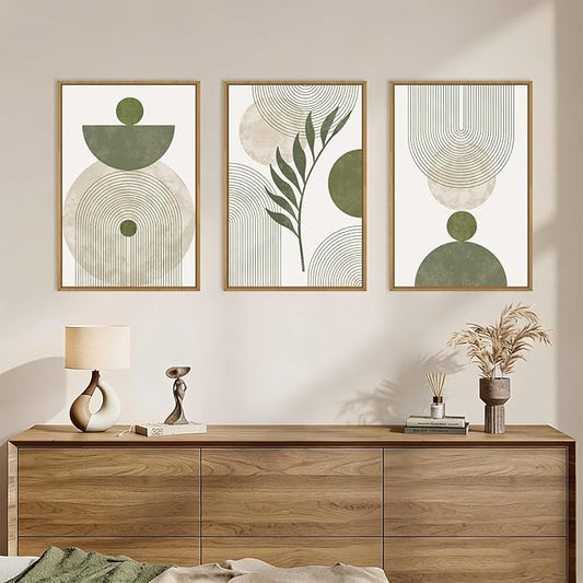 DRACIT Large Sage Green Boho Framed Canvas Wall Art Set,Abstract Modern Beige Green Arch Wall Decor,Minimalist Leaf Lines Artwork for Living Room,Bedroom,Office-24 x36 x3