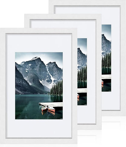 Hongkee 8x12 White Picture Frames set of 3, Made of Wooden and Glass Photo frame - Displays 6x8 Picture with Mat or 8 x 12 Poster without Mat, Desktop & Wall Collage Frame set