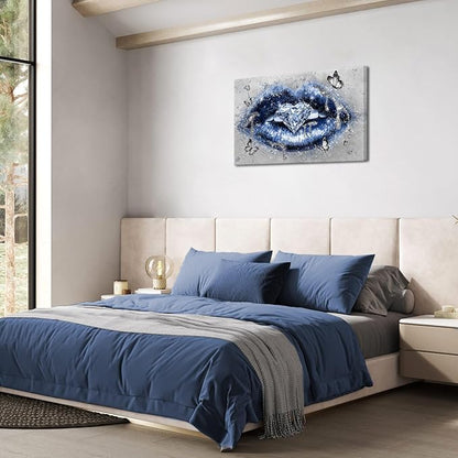 Conipit Navy Fashion Wall Art Blue Lip Canvas Art Beauty Glam Picture Prints Lip Painting with Heart Diamond Artwork for Makeup Room Bedroom Salon Wall Decor 24x36 Inch