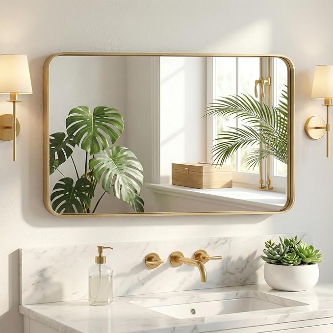 NEWBULIG 24"x40" Gold Wall Mirror, Bathroom Mirrors for Over Sink, Matte Metal Framed Vanity Mirror with Tempered Glass, Entryway, Living Room, Bedroom